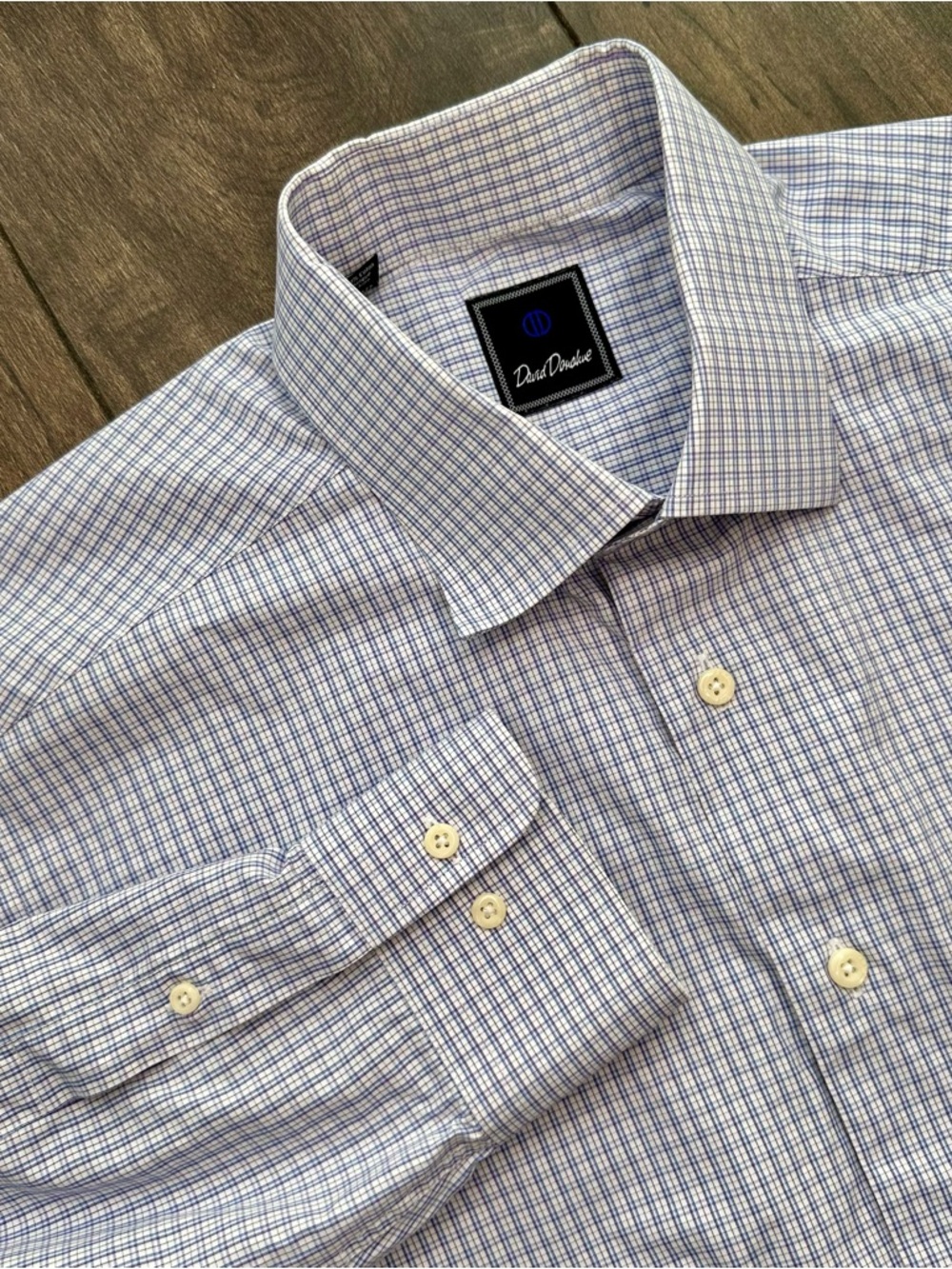 David Donahue Dress Shirt - Men's 17 32/33 - Blue Purple Plaid - 100% Cotton